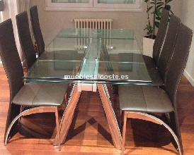Mesa extensible metal y cristal y 6 sillas